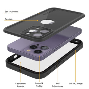 Estuche resistente al agua IP68 para iPhone 14 Pro Max, Punkcase [Negro] [Serie StudStar] [Ajuste Delgado]