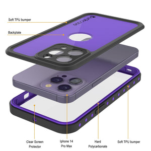 Funda a prueba de agua IP68 para el iPhone 14 Pro Max, Punkcase [Morado] [Serie StudStar] [Ajuste delgado] [A prueba de suciedad]