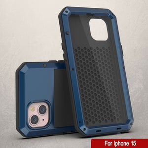 Funda de metal para iPhone 15, resistente armadura de grado militar [a prueba de golpes] de cuerpo completo [azul].
