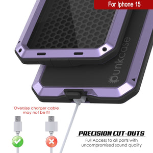 Funda de metal para iPhone 15, resistente de grado militar, cubierta protectora resistente a los golpes de cuerpo completo [Morado].