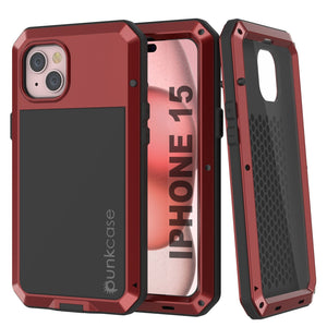 Funda de metal para iPhone 15, cubierta de armadura resistente de grado militar [a prueba de golpes] cuerpo completo rígido [rojo]