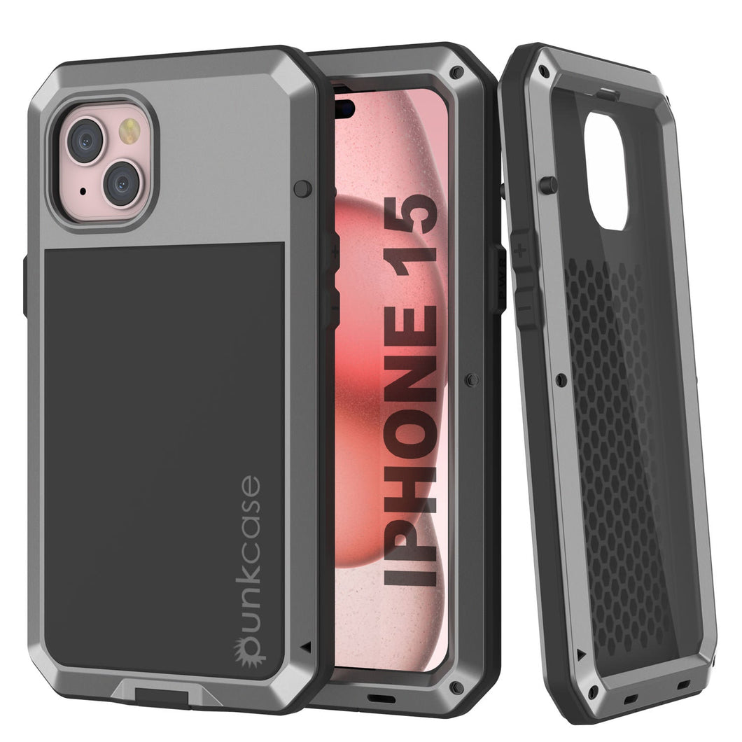 Carcasa de Metal para iPhone 15, Funda de Armadura de Grado Militar Resistente [a prueba de golpes] Cuerpo Completo Resistente [Plata]