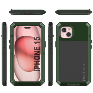 Carcasa de metal para iPhone 15, cubierta de armadura militar resistente [a prueba de impactos], cuerpo completo duro [verde oscuro]