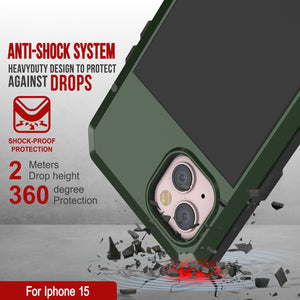 Carcasa de metal para iPhone 15, cubierta de armadura militar resistente [a prueba de impactos], cuerpo completo duro [verde oscuro]