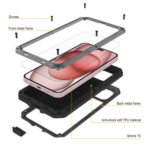Carcasa de Metal para iPhone 15, Funda de Armadura de Grado Militar Resistente [a prueba de golpes] Cuerpo Completo Resistente [Plata]