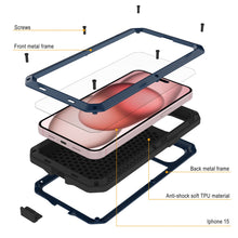 Load image into Gallery viewer, Funda de metal para iPhone 15, resistente armadura de grado militar [a prueba de golpes] de cuerpo completo [azul].
