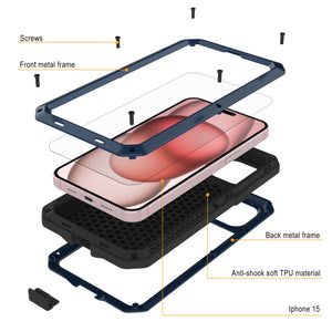 Funda de metal para iPhone 15, resistente armadura de grado militar [a prueba de golpes] de cuerpo completo [azul].