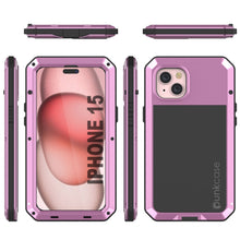 Cargar imagen en el visor de la galería, Funda de Metal para iPhone 15, Cubierta Protectora de Grado Militar Resistente [a prueba de golpes] Cuerpo Completo Duro [Rosa].
