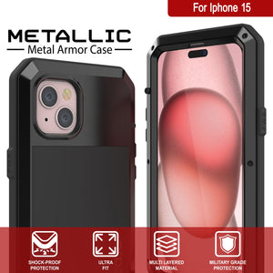 Funda metálica para iPhone 15, resistente de grado militar, de alta resistencia a impactos. Cuerpo completo resistente [negro]
