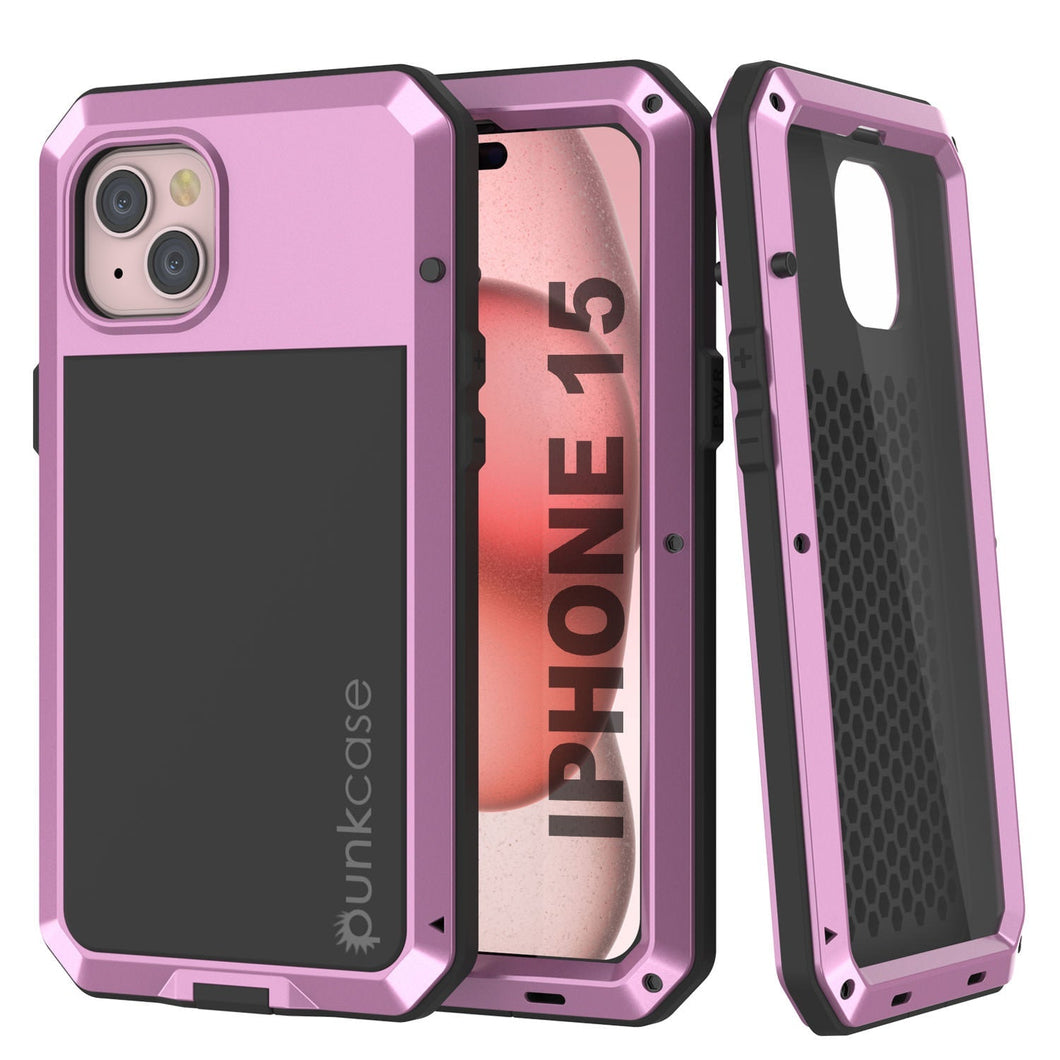Funda de Metal para iPhone 15, Cubierta Protectora de Grado Militar Resistente [a prueba de golpes] Cuerpo Completo Duro [Rosa].