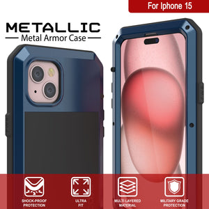 Funda de metal para iPhone 15, resistente armadura de grado militar [a prueba de golpes] de cuerpo completo [azul].