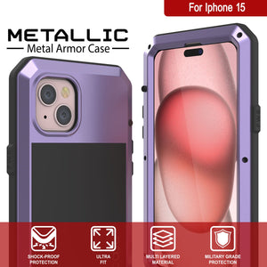 Funda de metal para iPhone 15, resistente de grado militar, cubierta protectora resistente a los golpes de cuerpo completo [Morado].