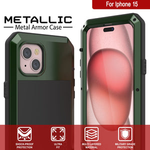 Carcasa de metal para iPhone 15, cubierta de armadura militar resistente [a prueba de impactos], cuerpo completo duro [verde oscuro]