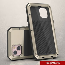 Cargar imagen en el visor de la galería, Funda de metal para iPhone 15, resistente y de grado militar con protección completa [a prueba de golpes]. Cuerpo completo resistente [color dorado].
