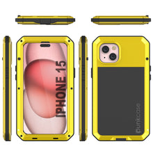 Cargar imagen en el visor de la galería, Carcasa de metal para iPhone 15, resistente de grado militar, cubierta protectora de armadura resistente a los golpes. Cuerpo completo rígido [amarillo].
