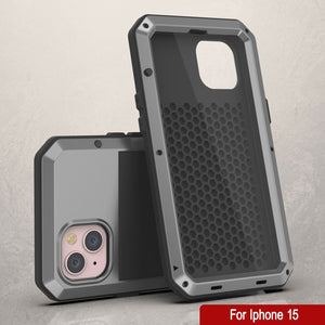 Carcasa de Metal para iPhone 15, Funda de Armadura de Grado Militar Resistente [a prueba de golpes] Cuerpo Completo Resistente [Plata]