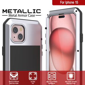 Funda metálica para iPhone 15, resistente y de grado militar, con cubierta de armadura de servicio pesado [a prueba de golpes]. Resistente de cuerpo completo [blanco].