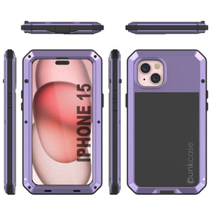 Funda de metal para iPhone 15, resistente de grado militar, cubierta protectora resistente a los golpes de cuerpo completo [Morado].