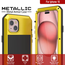 Cargar imagen en el visor de la galería, Carcasa de metal para iPhone 15, resistente de grado militar, cubierta protectora de armadura resistente a los golpes. Cuerpo completo rígido [amarillo].
