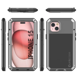 Carcasa de Metal para iPhone 15, Funda de Armadura de Grado Militar Resistente [a prueba de golpes] Cuerpo Completo Resistente [Plata]