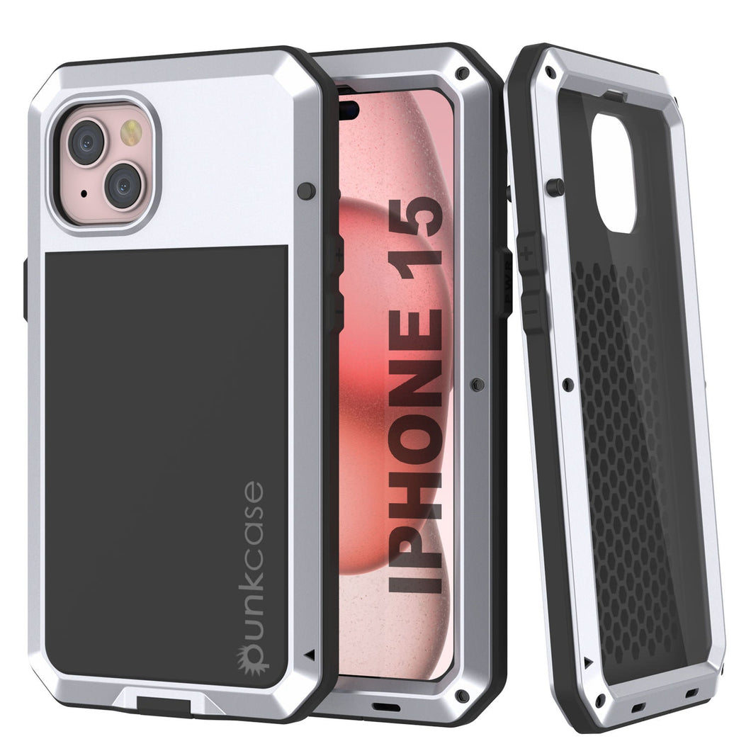 Funda metálica para iPhone 15, resistente y de grado militar, con cubierta de armadura de servicio pesado [a prueba de golpes]. Resistente de cuerpo completo [blanco].
