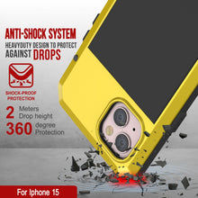 Cargar imagen en el visor de la galería, Carcasa de metal para iPhone 15, resistente de grado militar, cubierta protectora de armadura resistente a los golpes. Cuerpo completo rígido [amarillo].
