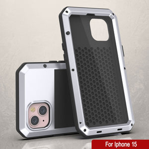 Funda metálica para iPhone 15, resistente y de grado militar, con cubierta de armadura de servicio pesado [a prueba de golpes]. Resistente de cuerpo completo [blanco].