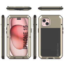 Cargar imagen en el visor de la galería, Funda de metal para iPhone 15, resistente y de grado militar con protección completa [a prueba de golpes]. Cuerpo completo resistente [color dorado].
