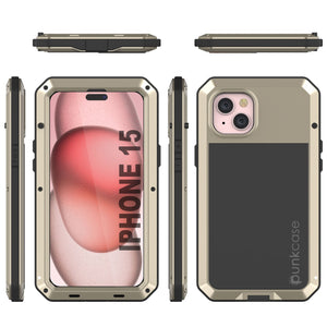 Funda de metal para iPhone 15, resistente y de grado militar con protección completa [a prueba de golpes]. Cuerpo completo resistente [color dorado].