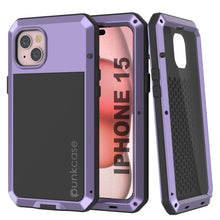 Cargar imagen en el visor de la galería, Funda de metal para iPhone 15, resistente de grado militar, cubierta protectora resistente a los golpes de cuerpo completo [Morado].
