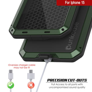 Carcasa de metal para iPhone 15, cubierta de armadura militar resistente [a prueba de impactos], cuerpo completo duro [verde oscuro]