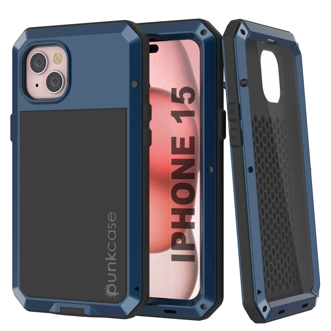 Funda de metal para iPhone 15, resistente armadura de grado militar [a prueba de golpes] de cuerpo completo [azul].