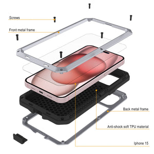 Funda metálica para iPhone 15, resistente y de grado militar, con cubierta de armadura de servicio pesado [a prueba de golpes]. Resistente de cuerpo completo [blanco].