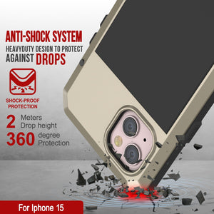 Funda de metal para iPhone 15, resistente y de grado militar con protección completa [a prueba de golpes]. Cuerpo completo resistente [color dorado].