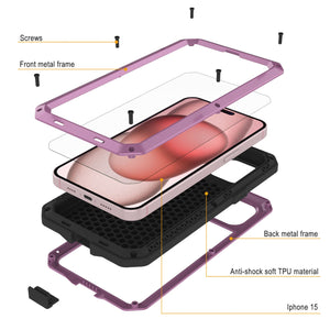 Funda de Metal para iPhone 15, Cubierta Protectora de Grado Militar Resistente [a prueba de golpes] Cuerpo Completo Duro [Rosa].