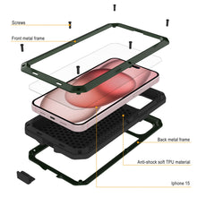 Load image into Gallery viewer, Carcasa de metal para iPhone 15, cubierta de armadura militar resistente [a prueba de impactos], cuerpo completo duro [verde oscuro]
