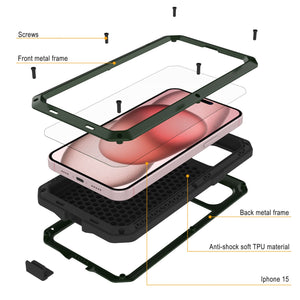 Carcasa de metal para iPhone 15, cubierta de armadura militar resistente [a prueba de impactos], cuerpo completo duro [verde oscuro]