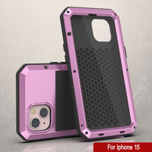 Cargar imagen en el visor de la galería, Funda de Metal para iPhone 15, Cubierta Protectora de Grado Militar Resistente [a prueba de golpes] Cuerpo Completo Duro [Rosa].
