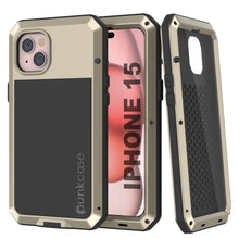 Cargar imagen en el visor de la galería, Funda de metal para iPhone 15, resistente y de grado militar con protección completa [a prueba de golpes]. Cuerpo completo resistente [color dorado].
