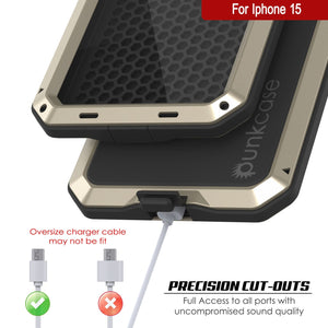 Funda de metal para iPhone 15, resistente y de grado militar con protección completa [a prueba de golpes]. Cuerpo completo resistente [color dorado].