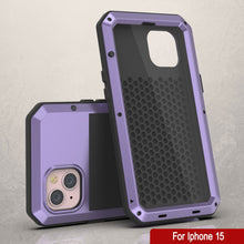 Cargar imagen en el visor de la galería, Funda de metal para iPhone 15, resistente de grado militar, cubierta protectora resistente a los golpes de cuerpo completo [Morado].

