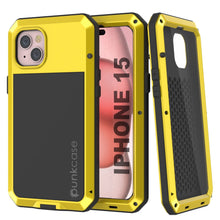 Cargar imagen en el visor de la galería, Carcasa de metal para iPhone 15, resistente de grado militar, cubierta protectora de armadura resistente a los golpes. Cuerpo completo rígido [amarillo].
