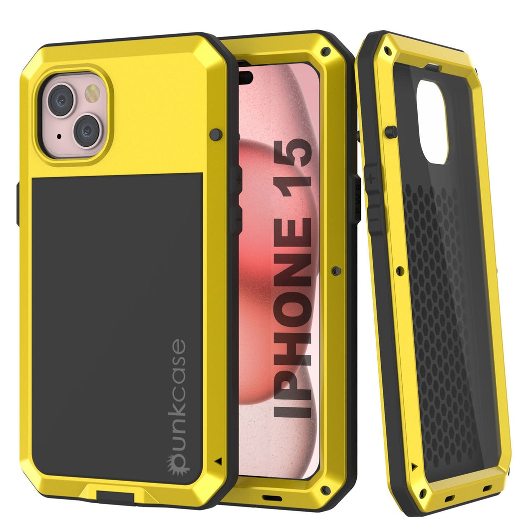 Carcasa de metal para iPhone 15, resistente de grado militar, cubierta protectora de armadura resistente a los golpes. Cuerpo completo rígido [amarillo].