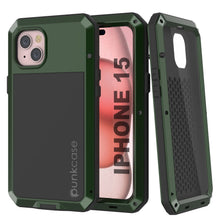 Load image into Gallery viewer, Carcasa de metal para iPhone 15, cubierta de armadura militar resistente [a prueba de impactos], cuerpo completo duro [verde oscuro]
