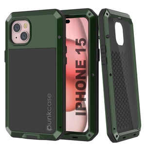 Carcasa de metal para iPhone 15, cubierta de armadura militar resistente [a prueba de impactos], cuerpo completo duro [verde oscuro]