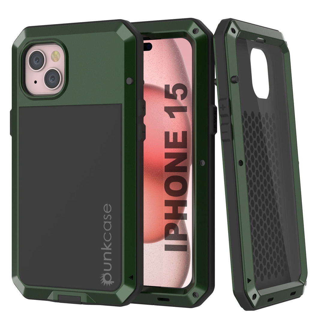 Carcasa de metal para iPhone 15, cubierta de armadura militar resistente [a prueba de impactos], cuerpo completo duro [verde oscuro]