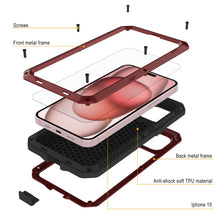 Load image into Gallery viewer, Funda de metal para iPhone 15, cubierta de armadura resistente de grado militar [a prueba de golpes] cuerpo completo rígido [rojo]
