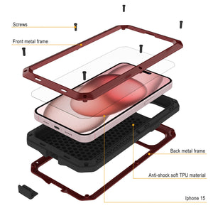 Funda de metal para iPhone 15, cubierta de armadura resistente de grado militar [a prueba de golpes] cuerpo completo rígido [rojo]