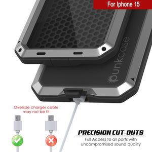 Carcasa de Metal para iPhone 15, Funda de Armadura de Grado Militar Resistente [a prueba de golpes] Cuerpo Completo Resistente [Plata]