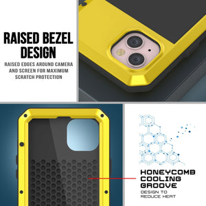 Funda de metal para iPhone 15 Plus, resistente armadura de grado militar con protección contra impactos. Diseño completo y resistente [Amarillo].
